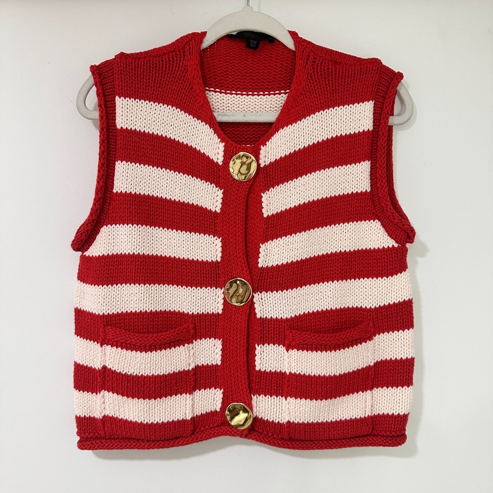 Zara Knit Sweater Vest Women S Red White Stripe Gold Buttons Nautical